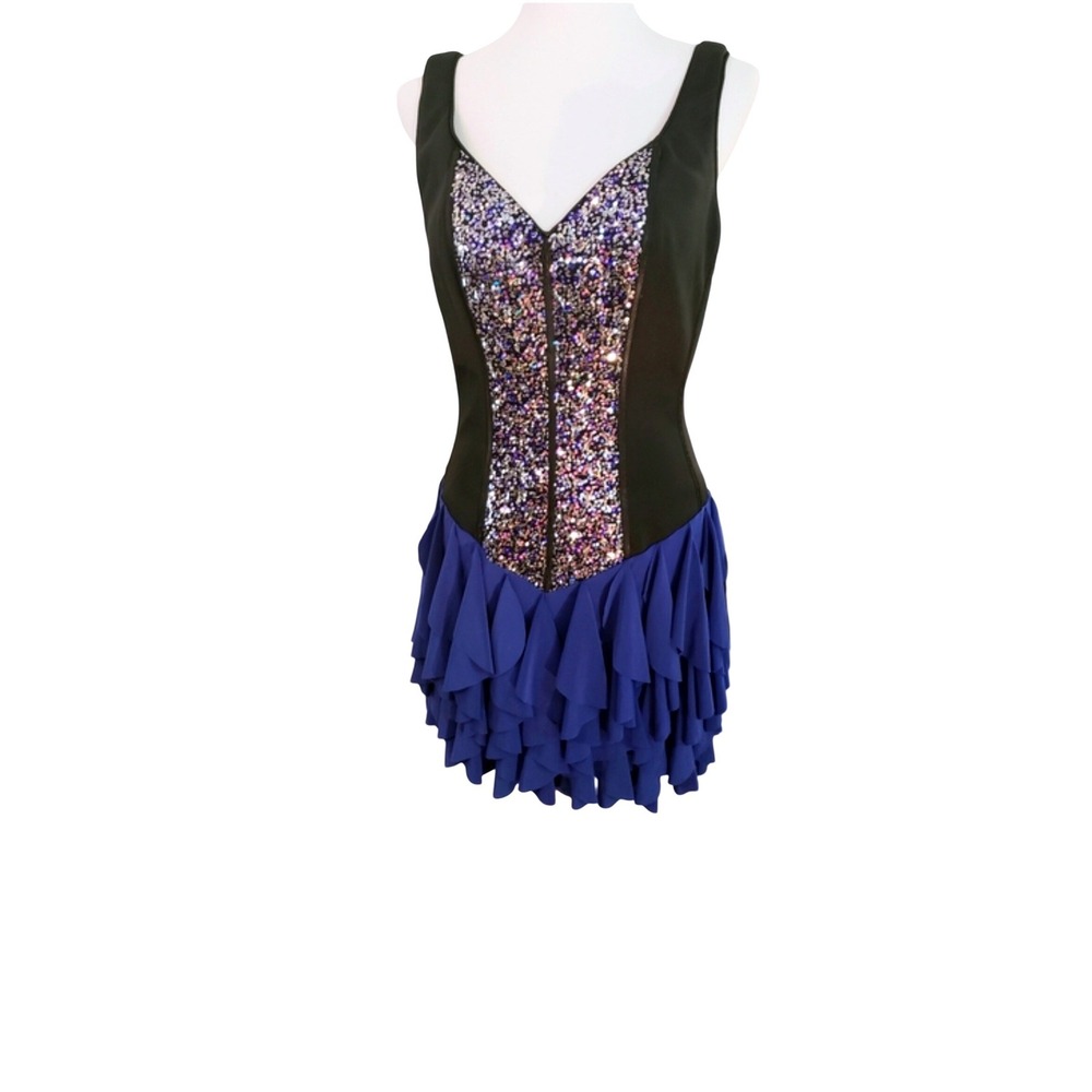 Johnathan Kayne Womens Sequin Hand Beaded Ruffle Mini Dress Black Blue Size 10